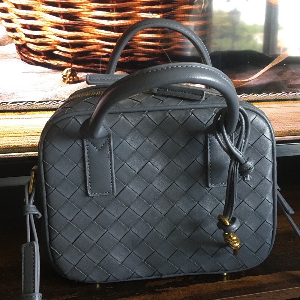 Woven Leather Top-Handle Bag in Slate Gray